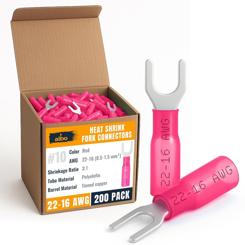 ALBO 200PCS Red Heat Shrink Fork Spade Connectors #10 – 22-16 AWG Tinned Copper Terminals, Waterproof Wire Crimp Kit for Automotive, Marine, Speaker & Electrical Wiring - Image 1